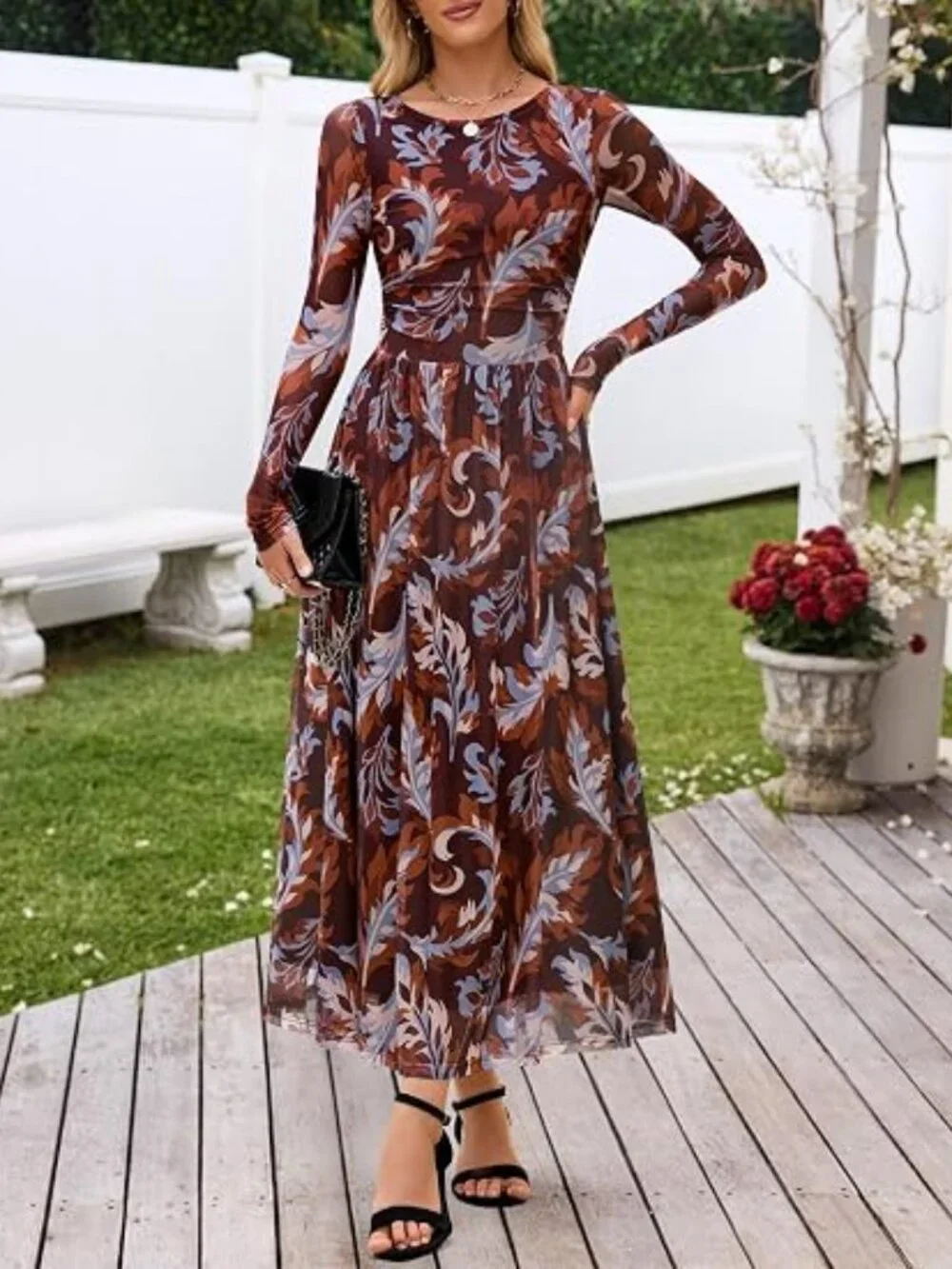 Women's Fall Wedding Guest Cocktail Long Sleeve Floral Maxi Dress
